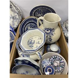 Quantity of Victorian and later blue and white ceramics, to include meat plates, twin handled lidded tureen, jug, etc together with other 19th Century and later ceramics etc to include examples by Wood & Sons, T.W & Co etc
