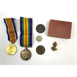 WWI medal pair comprising British War and Victory medals named to '39325 PTE. H. DEARDEN. MANCH.R.' and a small  number of coins etc