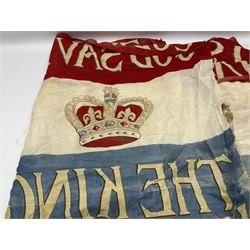 Edward VII God Save The King banner, decorated with the red, white and blue of the Union flag and repeated crown motifs between the lettering, approx L575cm