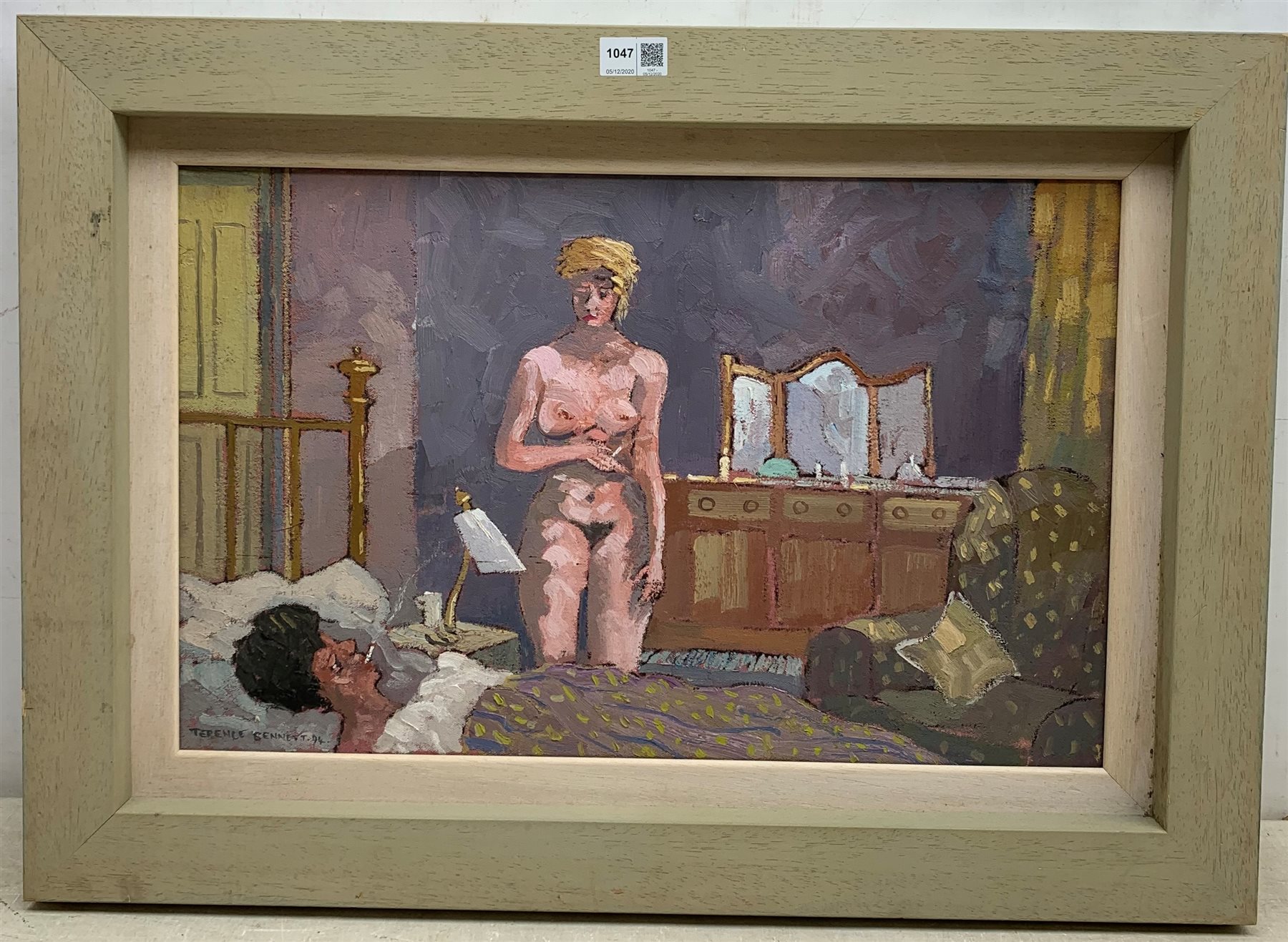 Terence Bennett (Northern British 1935-): Smoking in the Bedroom, oil on canvas signed and dated '94, 35cm x 55cm
Notes: Painter and teacher born and lived in Doncaster, attended local art school 1951-56. After National Service taught, giving up teaching in 1971 to paint full time in a mining village near Rotherham. In 1973 gained a Yorkshire Art Fellowship eventually becoming head of art at Thomas Rotherham College Rotherham