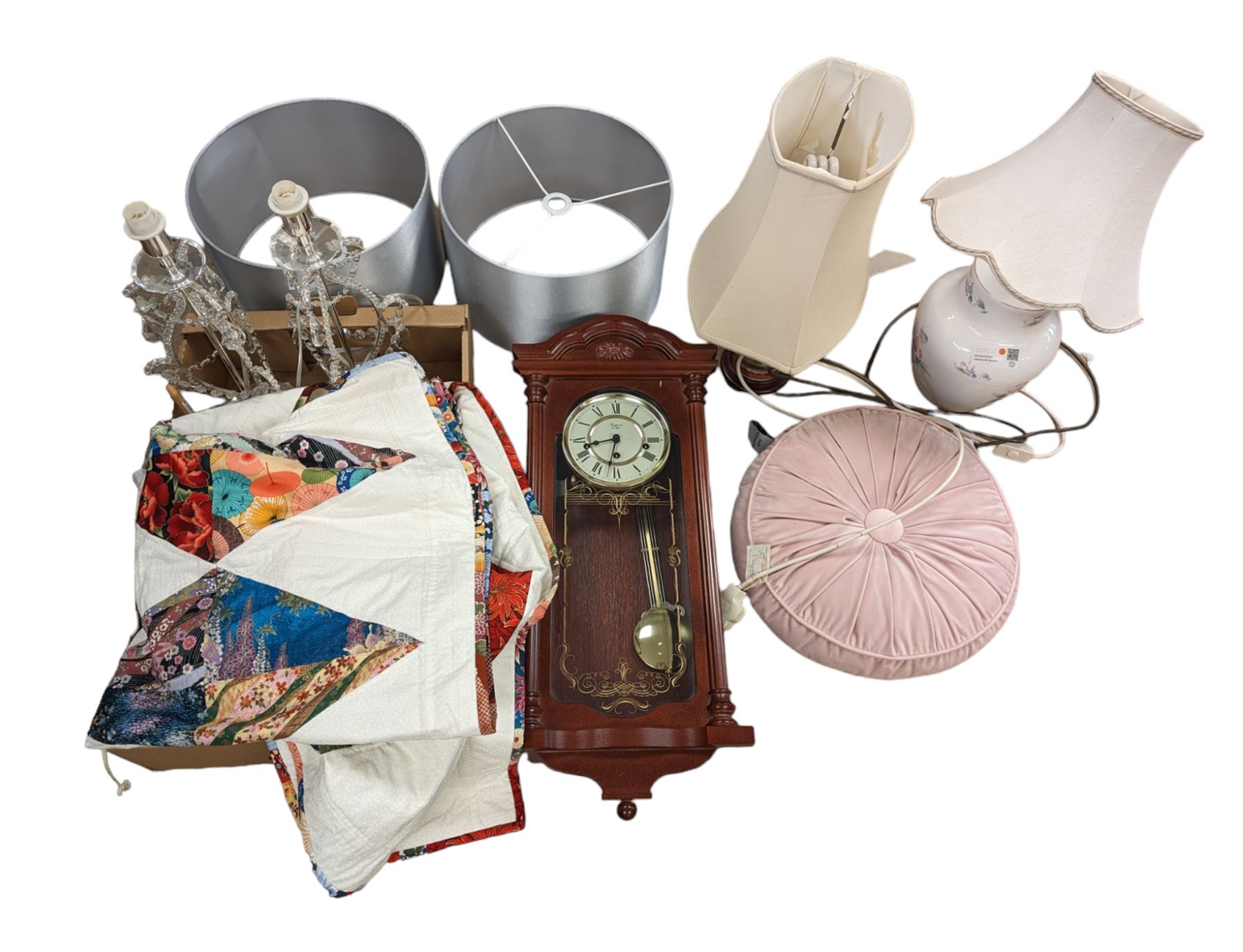 Rapport wooden wall clock, pair of glass table lamps, quilt with Japanese fabric, other lamps, etc