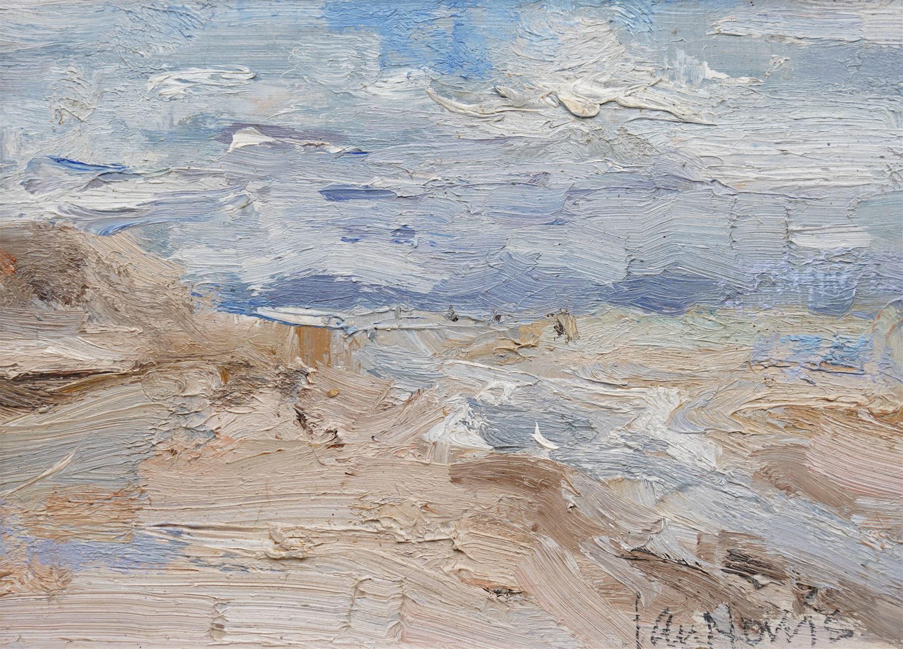 Ian Norris (British 1960-): Beachscape, oil on board signed, inscribed verso 14cm x 19cm