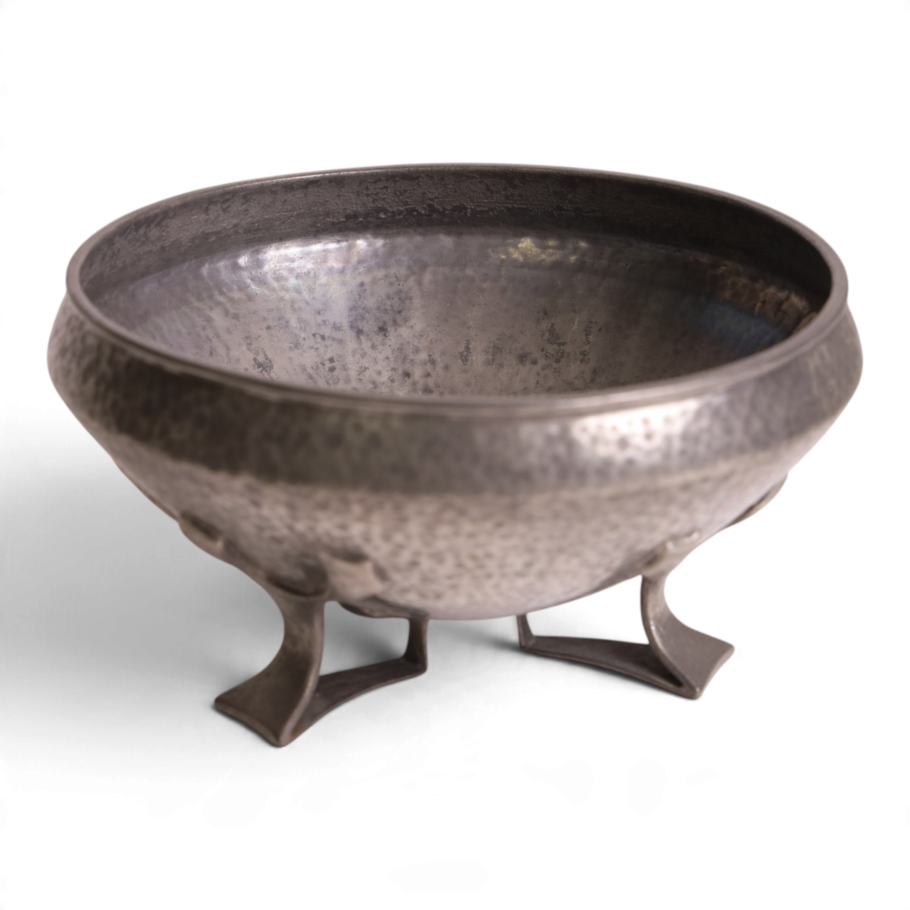 Oliver Baker for Liberty & Co - Tudric pewter bowl with hammered finish, upon three openwork feet, model number 01128 and makers marks stamped beneath, H10cm, D19cm