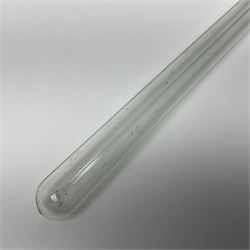 19th century malacca walking cane, the screw threaded domed cover opening to reveal vacant recess, above a further screw threaded opening revealing a removable glass vial with stopper, glass vial L41cm, cane L89.5cm