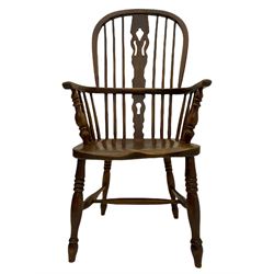 19th century elm and ash Windsor armchair, high comb back with centre splat