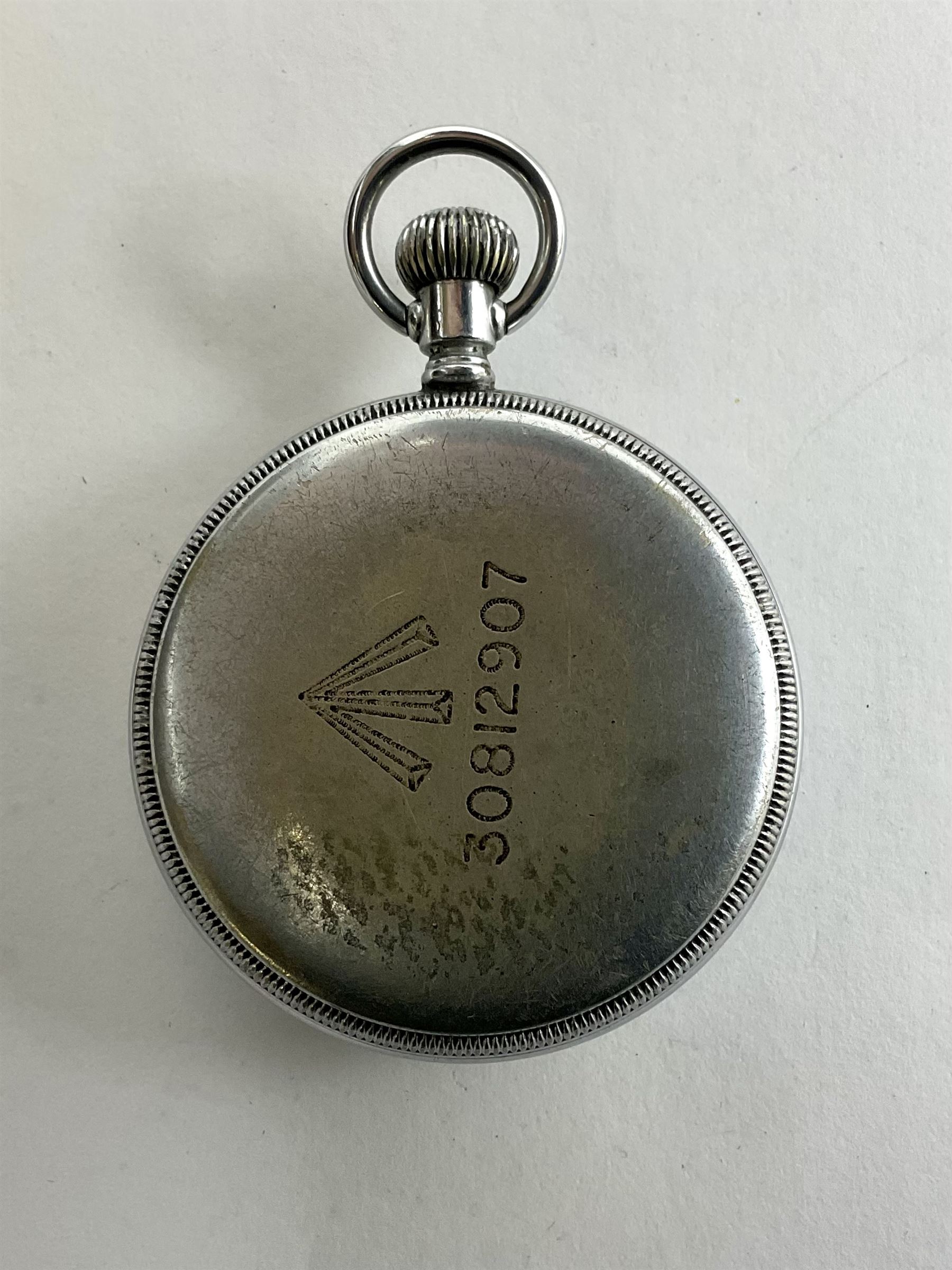 Waltham military open face pocket watch with signed black dial and subsidiary seconds dial the case back engraved with broad arrow and 30812907 Militaria Weapons Sporting Guns