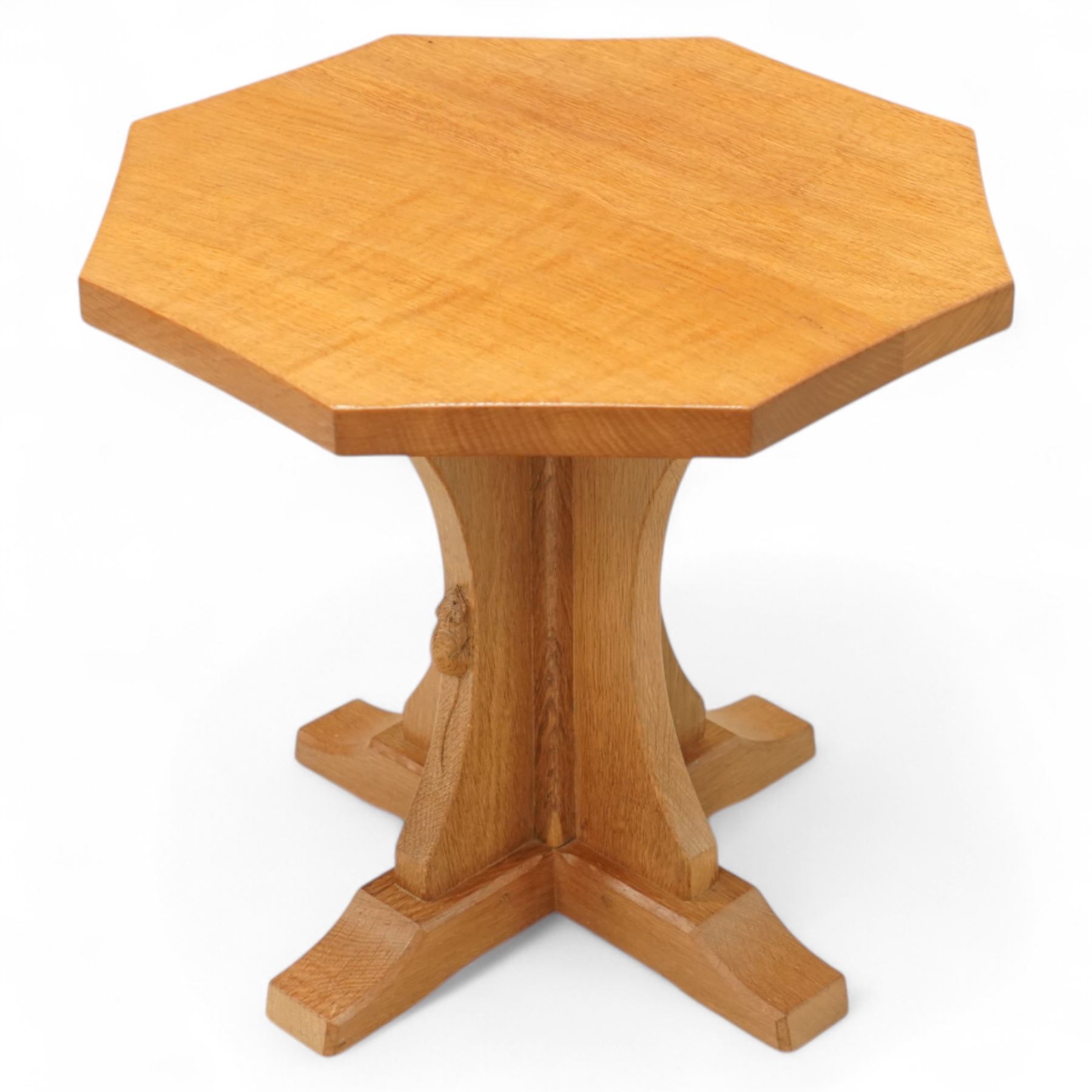 Mouseman - oak coffee table, octagonal adzed top on cruciform base and sledge feet, carved with mouse signature, by the workshop of Robert Thompson, Kilburn