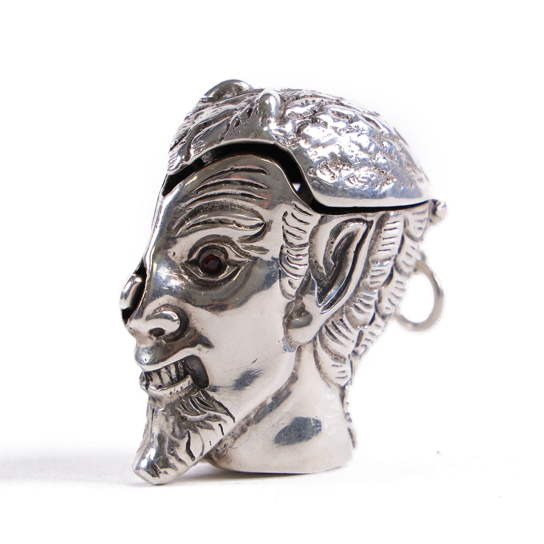 American Silver vesta case in the form of the devil with inset ruby coloured eyes, stamped sterling 295, H4cm