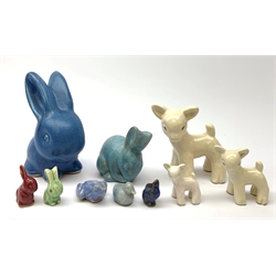 A collection of various Denby models, comprising a blue glazed rabbit, a set of three graduated sheep, frog, duck, squirrel, red glazed rabbit, and rather rabbit possibly Denby, plus a Decorro Pottery model of a rabbit. 