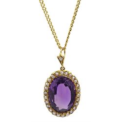 Late 19th/early 20th century gold oval amethyst and seed pearl cluster pendant, stamped 15ct, on later 9ct gold link necklace, hallmarked