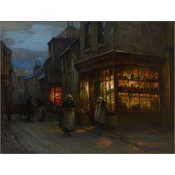 William Pratt (Scottish 1855-1936): 'Evening at Staithes' - the High Street, oil on canvas signed and dated 1909, titled on original label verso 45cm x 60cm 
Notes: Pratt seemingly visited Staithes multiple times in the early 1900s, as the companion to this picture, 'In the Shallows' (sold by Lyon & Turnbull 27/01/16, lot 536), in an identical frame and also depicting Staithes, is dated 1910. The shop in the foreground was a grocery run by Joseph Verrill, described in 1911 as 'grocer and agent for W & A Gilbey Ltd, Wine and Spirit Merchants'. He was often assisted by his two daughters, Lavinia and Hannah. The Verrills were one of the largest families in Staithes; Joseph Verrill Snr (1839-1910) was first coxswain of the Staithes lifeboat, and Isaac Verrill (1811-1895), a fisherman, was photographed by Frank Meadow Sutcliffe (1853-1941). The building became the gift shop of W & H Dean in the 1950s, and is now the Endeavour Café.