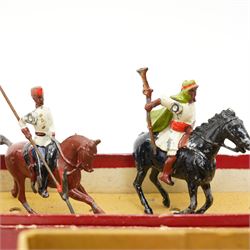Set of fourteen Johillco lead cavalry on white horses, some with pennants, Britains overseas and colonial foot soldiers and cavalry and a Britains Zouaves box