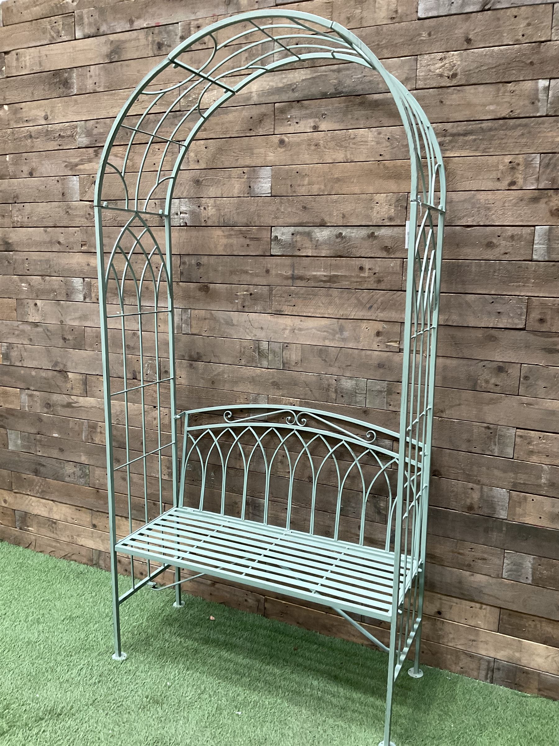 Regency design wrought metal arch and bench, decorated with arched gothic window design, strap seat and straight supports, in teal finish - THIS LOT IS TO BE COLLECTED BY APPOINTMENT FROM DUGGLEBY STORAGE, GREAT HILL, EASTFIELD, SCARBOROUGH, YO11 3TX