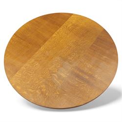 Mouseman - oak coffee table, the circular adzd top over four pillars united by stretchers, with signature mouse carving by Robert Thompson of Kilburn 