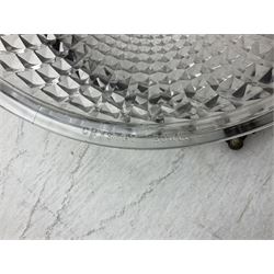 Edwardian glass holophane ceiling light, the domed bowl shade suspended in circular brass frame by three chains, stamped Crystal Bowl Holophane 8424, patent no 1796, 1910 on the inside rim, D35cm