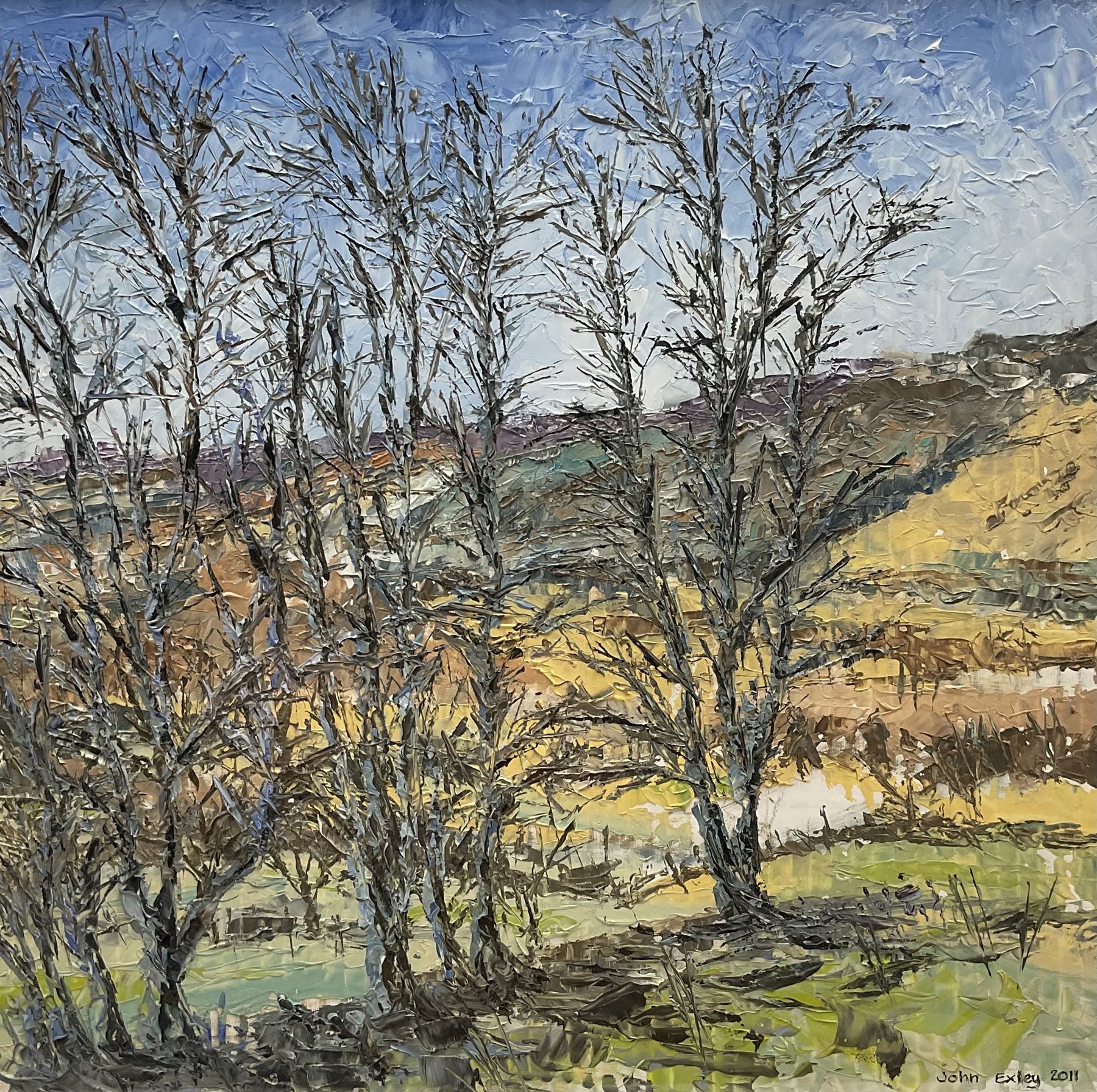 John Exley (British Contemporary): 'View from Holling Hall', impasto oil on canvas signed and dated 2011, titled on label verso 35cm x 35cm