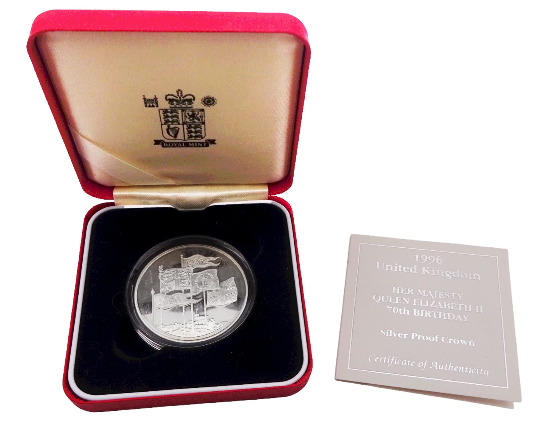 Five The Royal Mint United Kingdom silver proof coins, comprising 1994 two pound commemorating the Tercentenary of the Bank of England, 1996 five pounds commemorating Her Majesty the Queen Elizabeth II 70th birthday, 1997 two pound Britannia, 2000 'Millennium' five pound, all cased with certificate, and 1996 one pound, cased without certificate