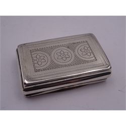 George III silver snuff box, of rectangular form with foliate engraved panel to hinged cover and underside of body, opening to reveal a gilt interior, hallmarked London 1813, makers mark I.B, W6.5cm, approximate 1.86 ozt (57.6 grams)