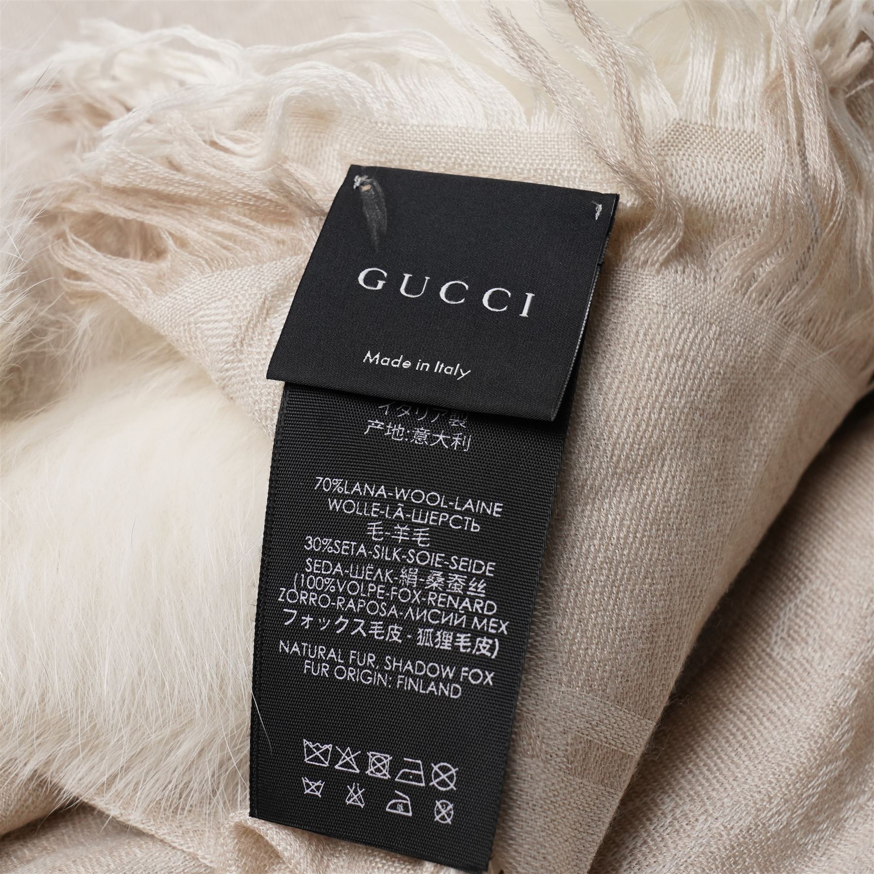 Gucci - GG pattern silk and wool blend shawl with fox fur trim and with fringe detail, 180cm x 180cm, unused with original box