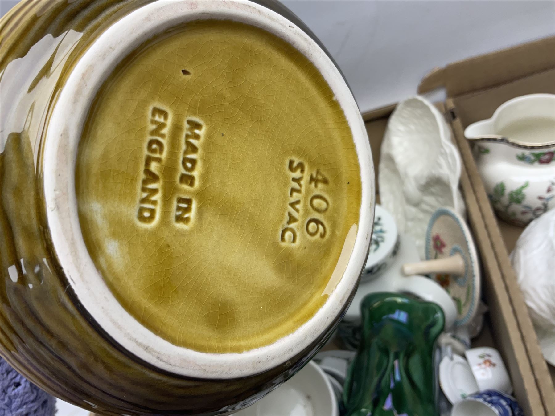 Wedgwood and Coalport 'Countryware' pattern ceramics, to include teapot, toast rack, napkin rings, jug, oval dish, sauce boat and saucer, etc, together with other ceramics to include Hornsea Fauna vase, Sylvac Apple Blossom pattern bowl, Sylvac jug in the form of a sack, no. 406, two Nao figures, tea wares, silver plated cutlery etc