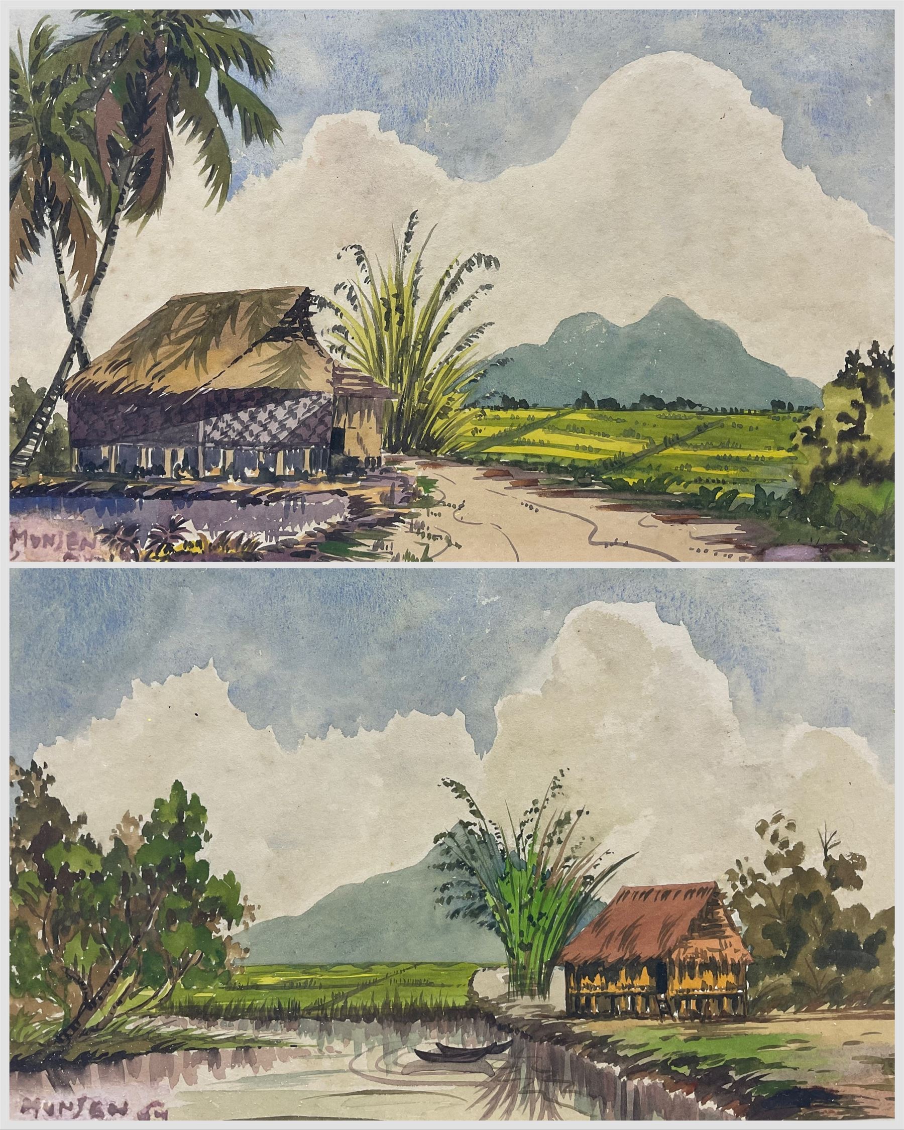 Yong Mun Sen (Malaysian 1896-1962): Coastal and Landscape Scenes with Houses, pair watercolours signed and indistinctly dated, 18.5cm x 27cm (2)