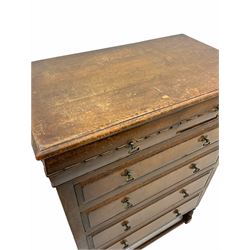 Mid 20th century figured oak bedroom furniture, comprising chest, fitted with five drawers; dressing table and double bedstead