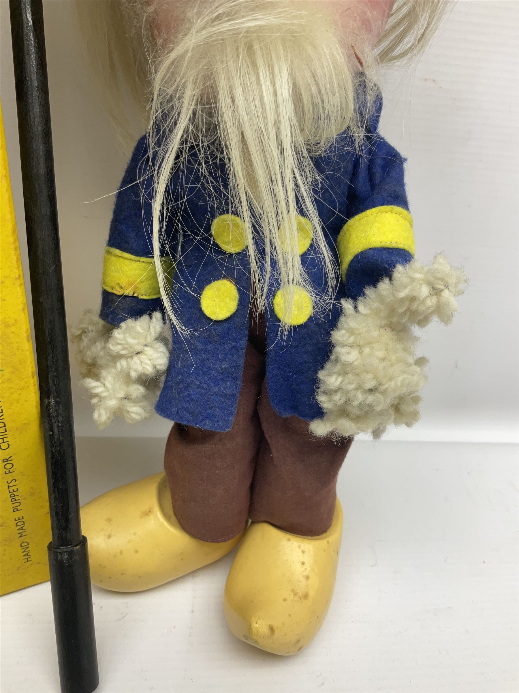 Two Pelham Puppets - The Magic Roundabout Mr. Rusty pole puppet with wool hands and blue  coat dated 1963; boxed; and Type SL Disney Donald Duck; unboxed (2)