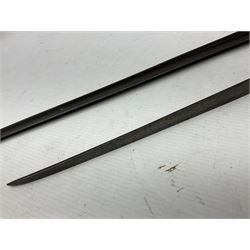 Early 19th century British Brown Bess musket rifle socket bayonet with zigzag fitting stamped D71 and triangular blade stamped 270 L55cm overall; and two other 19th century socket bayonets; no scabbards (3)