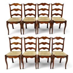 French cherry wood extending dining table, rectangular top on square chamfered supports with two additional leaves; with Batheaston - set of eight cherry wood waived ladder back dining chairs with rush seats (W46cm H98cm)