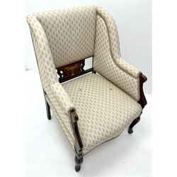 Edwardian inlaid mahogany framed upholstered armchair, pierced splat, cabriole legs