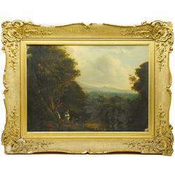 English School (19th Century): Travellers looking towards a Mountain, oil on canvas unsigned, in swept gilt frame 53cm x 74cm