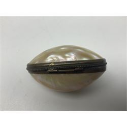 19th century lacquer thimble case with painted portrait of a woman to the hinged lid, together with two mother of pearl egg shaped thimble cases and one other
