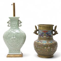 Chinese celadon two handled vase column table lamp with moulded decoration of figures hold...