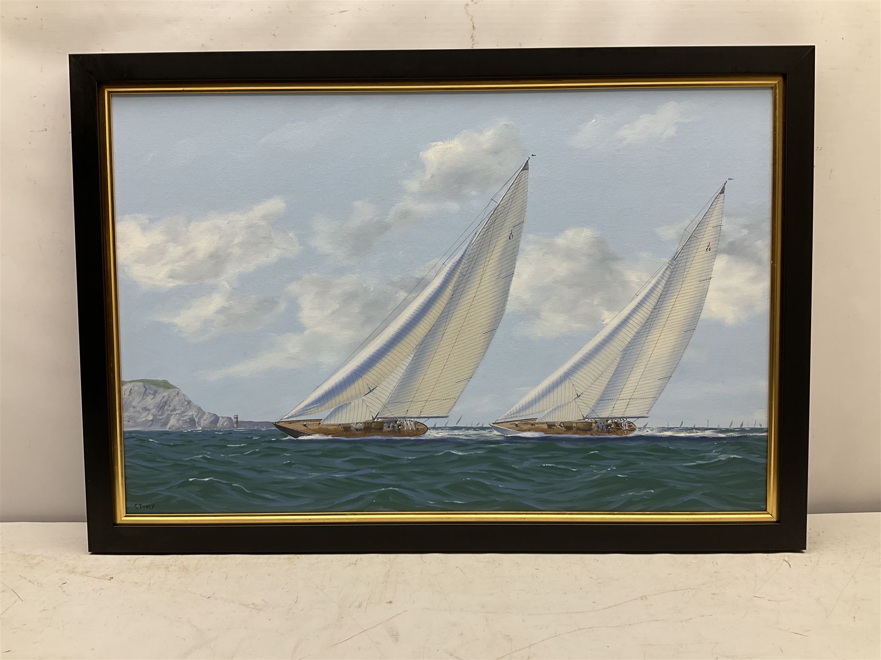 George Drury (British 1950-): J Class Racing Yachts - 'Velsheda and Endeavour off the Needles',  oil on board signed, titled verso 47cm x 73cm