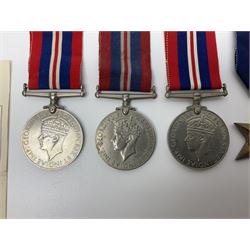 Eleven WW2 medals comprising three 1939-1945 war medals, two Defence medals, three 1939-1945 Stars, Atlantic Star, Africa Star and Italy Star; miniature QEII Naval LS & GC medal; all with ribbons; and WW2 postumous medal slip to Flight Sergeant L.N. Clark