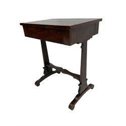 19th century mahogany work table, rectangular top over single drawer, shaped end supports joined by shaped stretcher