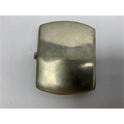 Early 20th century Continental erotic cigarette case, the silver-plate body of curved rectangular form with cover decorated with painted enamel street scene depicting young boy in squatting position lighting a cigarette shielded from the wind by his girlfriend, who is lifting the skirt of her dress up over him, with gilt interior, L9cm