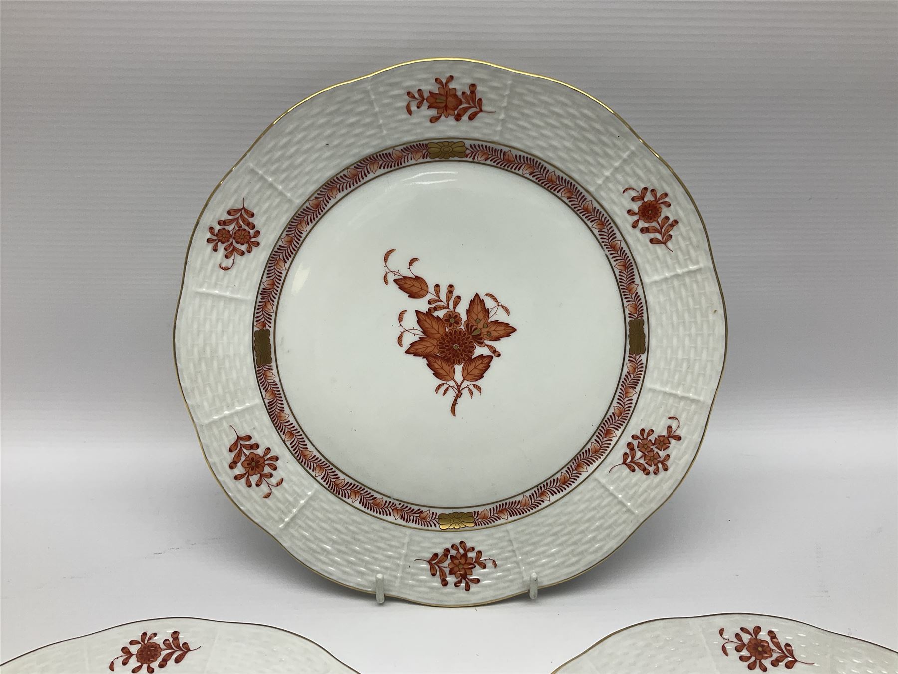 Herend Chinese Bouquet Rose pattern tea service comprising teapot, coffee pot, open sucrier, six cups and saucers, six tea plates, cream jug and stand, milk jug, two teabag holders, preserve pot, two leaf shaped dishes, four egg cups, salt & pepper pots, pair side plates and another plate