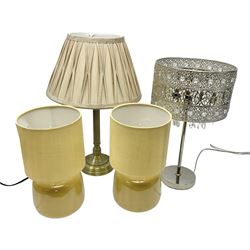Chrome table lamp, with pierced tassel shade, together with a brass effect table lamp and a pair of ceramic table lamps, tallest H46cm
