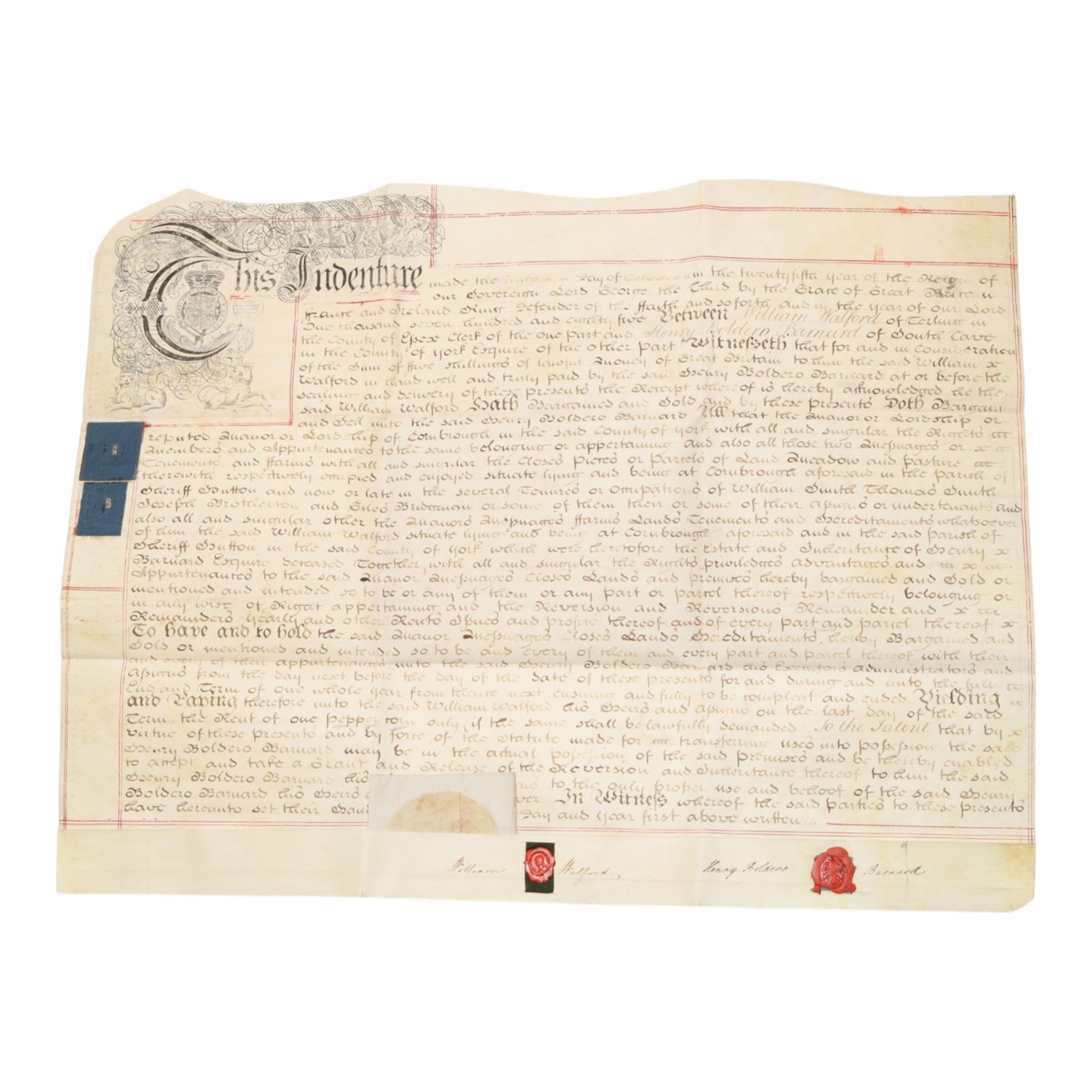 Boldero/Barnard family and Cave Castle estate interest - collection of 18th century vellum indentures and legal documents relating to the Boldero and Barnard families, including York city property in St Helen’s, Stonegate and Swinegate, the manor of Cornbrough in the parish of Sheriff Hutton, and later Henry Boldero Barnard of Cave Castle estate papers, with parties including Robert Fairfax, Jonathan Barnard, John Kilvington and John Lund, dated 1716-1786, with wax seals (approx. 15)
