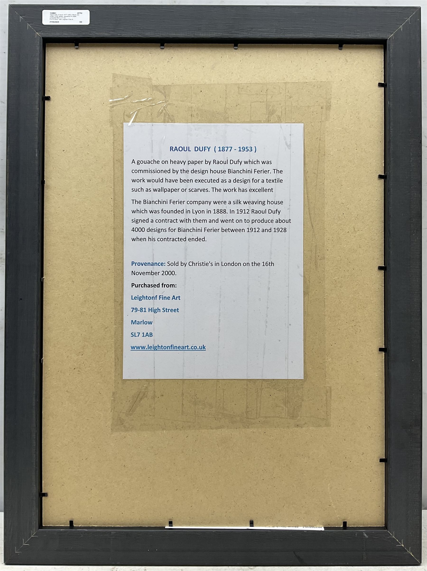 Raoul Dufy (French 1877-1953): Black and White Circle Design, gouache on paper unsigned 48cm x 31cm
Provenance: with Leighton Fine Art; Bianchini Ferier Archive - Christie's London 16th November 2000.
Notes: The silk weaving house of Bianchini Firier was founded in Lyon in 1888. In 1912 Raoul Dufy signed a contract with them and went on to produce about 4000 designs for Bianchini Firier between 1912 and 1928. After his contract came to an end Bianchini Firier continued to make fabrics for important fashion houses such as Worth, Madeleine Vionnet, Jeanne Lanvin Paquin and Patou. They produced scarves for Hermes, Jacques Fath and others and created imaginative designs for Givenchy, Balenciaga, Chanel, Dior and Yves Saint-Laurent etc.