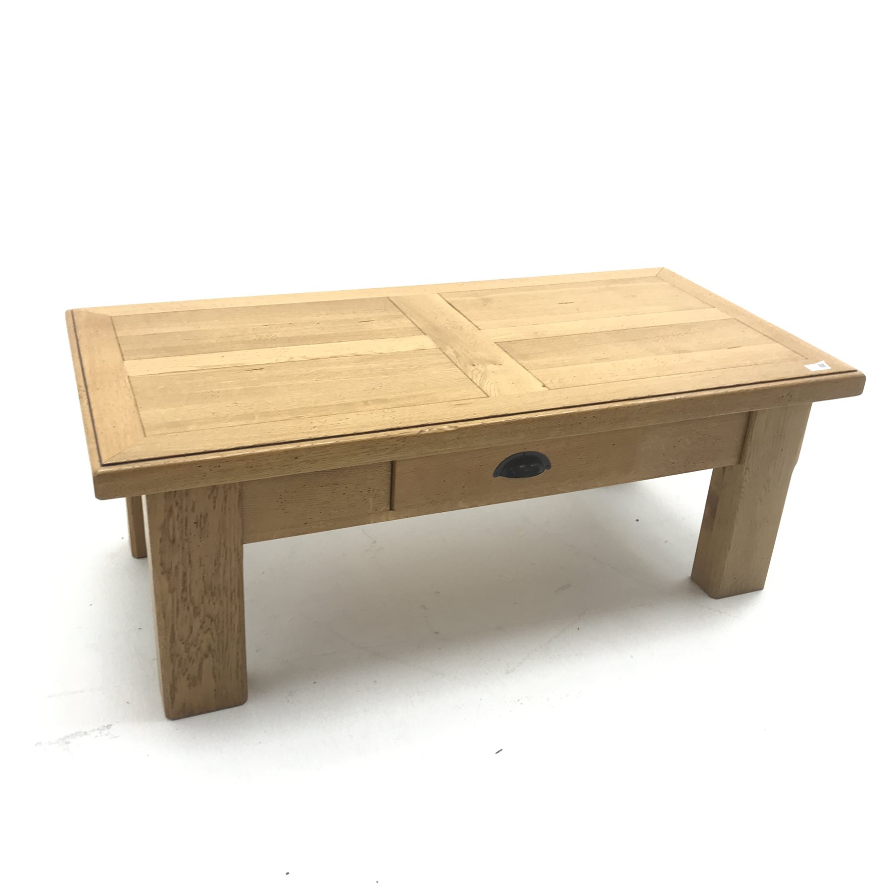 Light oak coffee table, single drawer, square supports, W120cm, H45cm