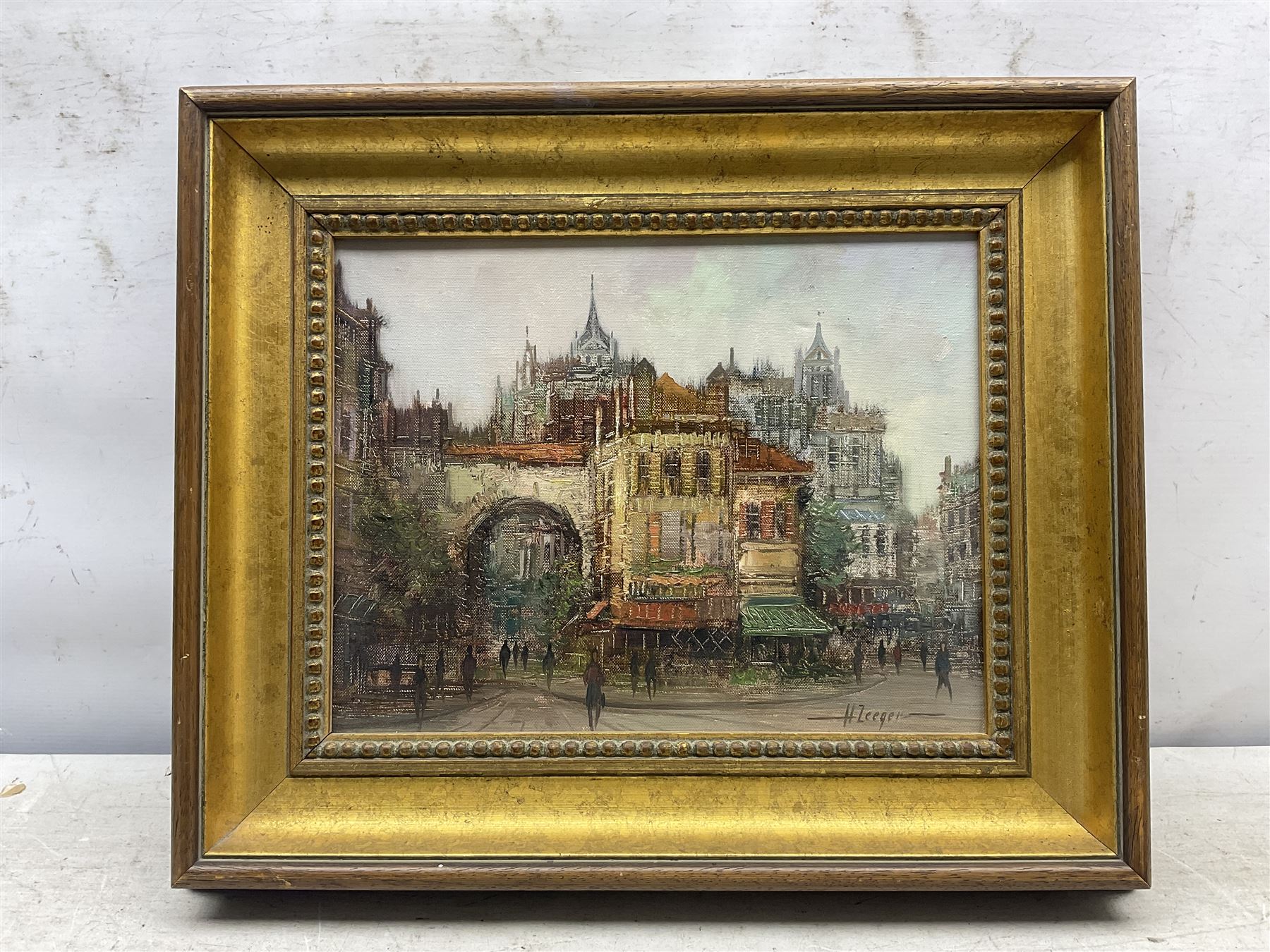 Harry Zeegers (Dutch 1929-): Continental Town Scene, oil on canvas signed in gilt frame 26cm x 34cm; Pauline Shingles (Yorkshire 20th Century): 'Maltings - Nafferton', oil on board signed 39cm x 49cm (2)