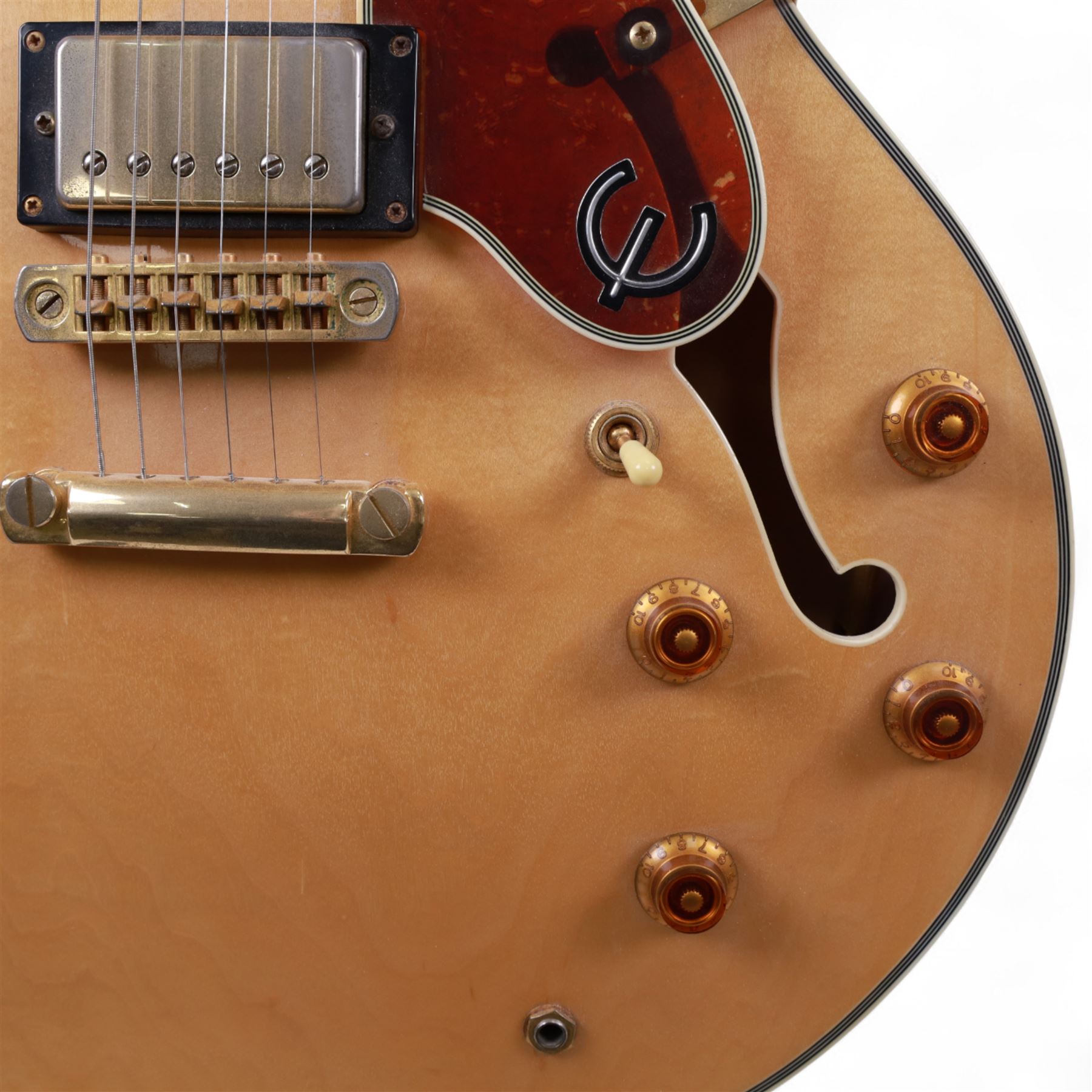Epiphone by Gibson Sheraton semi-hollow electric guitar, serial no. S98081744 made in Korea c.1998, with natural blonde body, maple neck, fretboard with abalone and mother of pearl split block markers, with inlaid mother of pearl tree of life design and Epiphone logo to headstock, L109cm