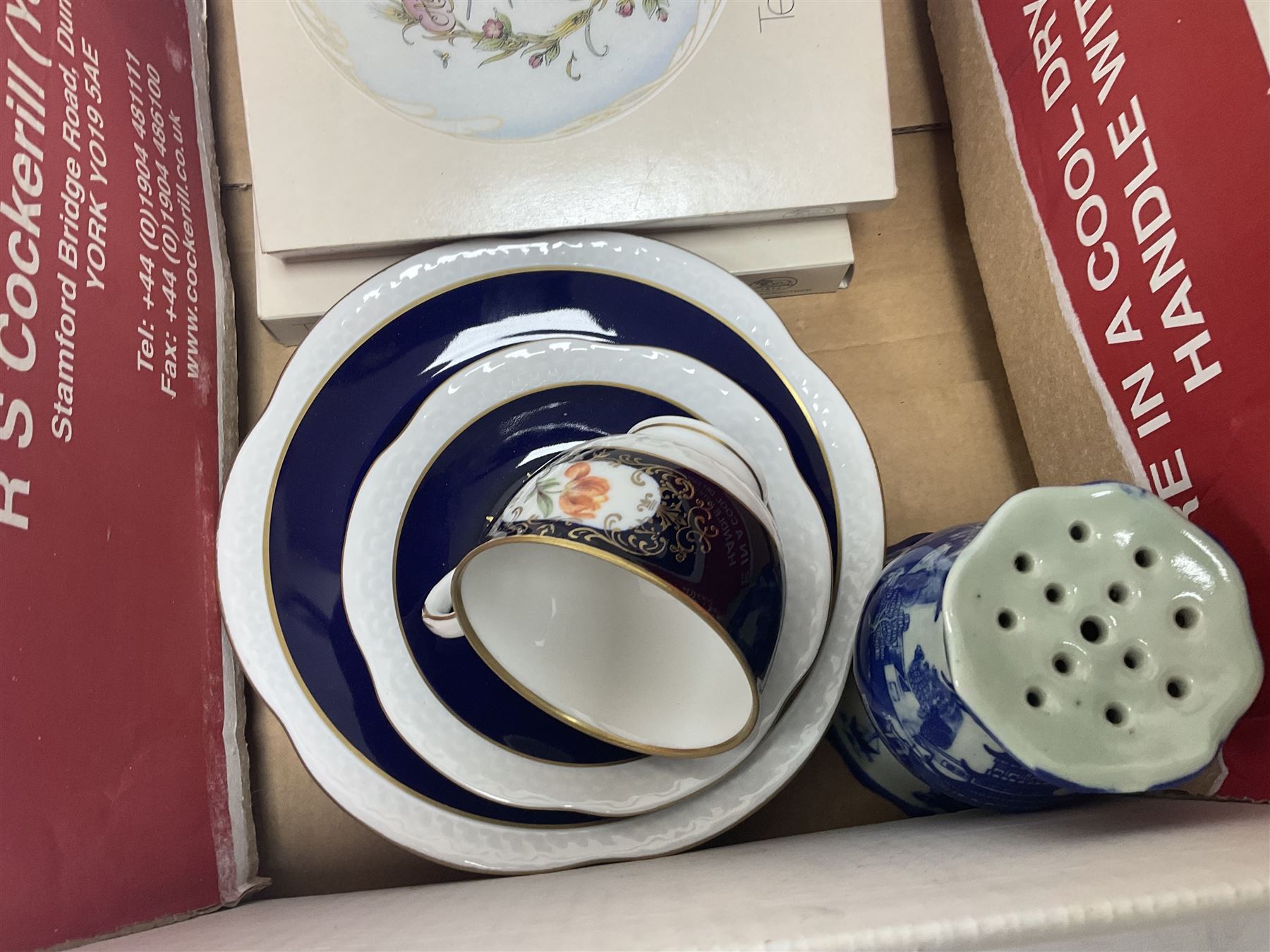 Echt Kobalt tea wares, comprising of tea cup, saucer and dessert plate, together with two Hutschenreuther plates of the month, another similar plate and a Ironstone hatpin holder, 'Gateway to the Moors North Yorkshire' oval oil on board signed by Valerie Barnaby, framed needlework, Leonardo Collection figure group, dressing table set, lamps etc in two boxes