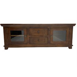 Antix French oak console unit, fitted with two drawers and two glazed cupboards