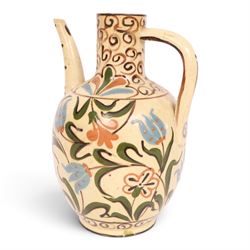 Iznik-style ewer, late 19th/early 20th century, the ovoid body painted with stylized flowe...