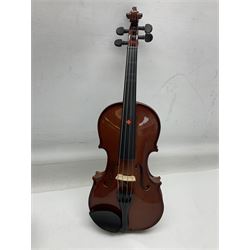 Four student violins - two Chinese three-quarter size with 33.5cm and 34cm two-piece backs; Stringers of Edinburgh quarter size with 28cm two-piece back; and Stentor quarter size with 28cm two-piece back; each in carrying case (4)