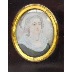  Collection of 19th century Portrait Miniatures - Gentleman and Lady, two silhouette portraits, Marie Antoinette, on ivory signed M. Allen, Two Ladies, on ivory one initialled D. A. G and three watercolours mounted max 9cm x 6.5cm (9)  
