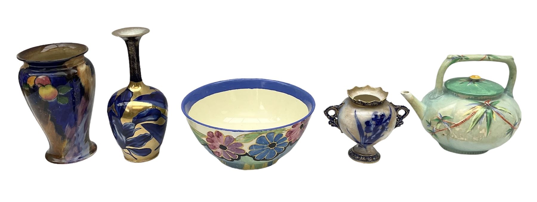 Clarice Cliff for Newport Pottery Delicia pattern bowl, D20cm, Victorian Wedgwood oval tea pot retailed by Goode & Co and in the Bamboo pattern and three other items
